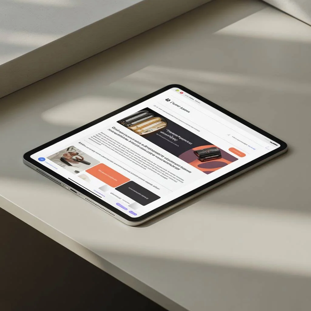 A tablet on a white surface displaying an online shopping website for electronics and accessories.