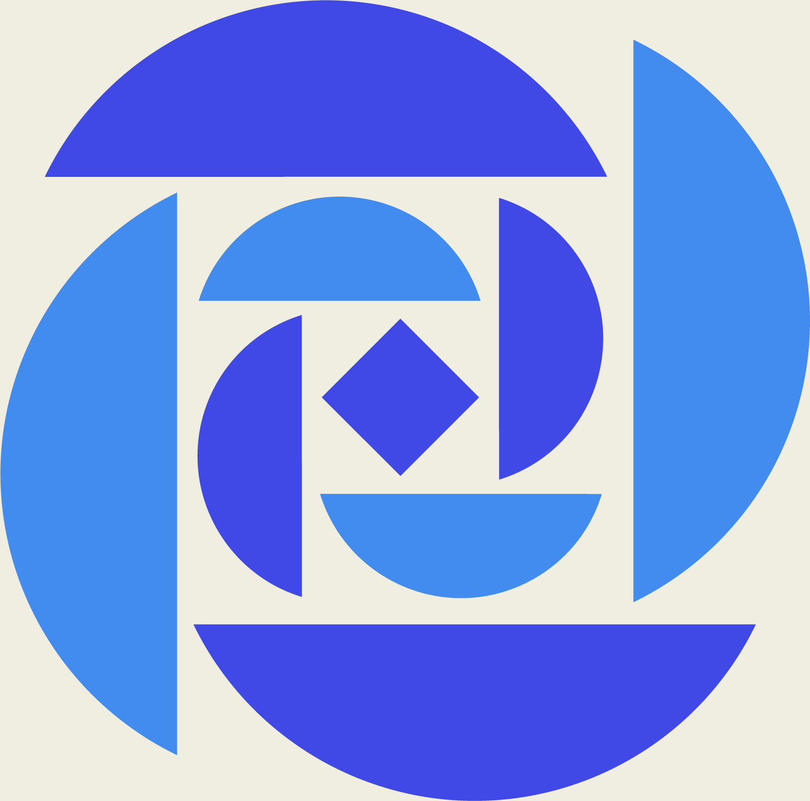 Abstract geometric pattern with various blue shapes including semi-circles, squares, and triangles on a light background.