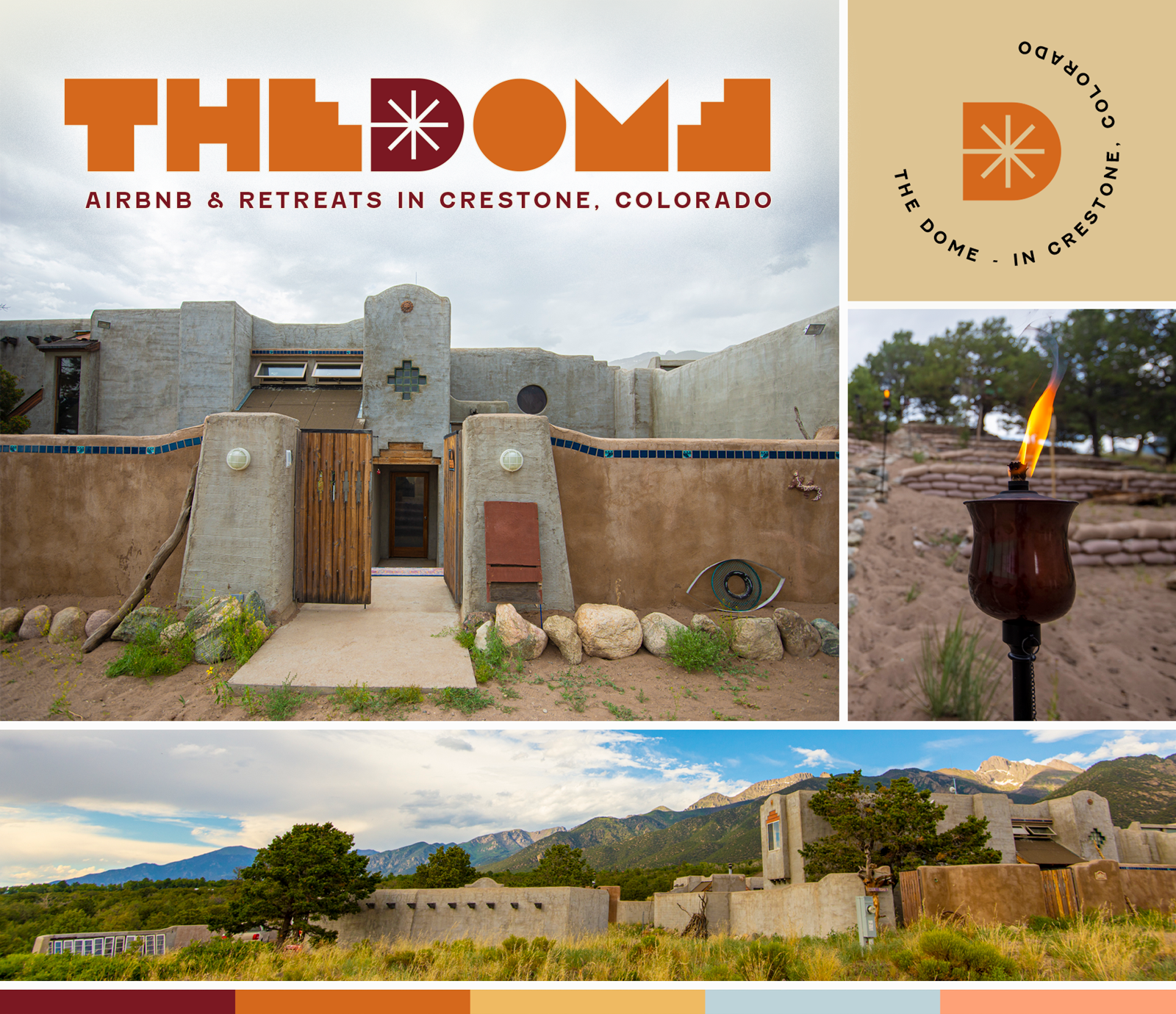 Photos of The Dome in Crestone, Colorado, including exterior views, a lit fire feature, and the surrounding landscape with mountains and trees.