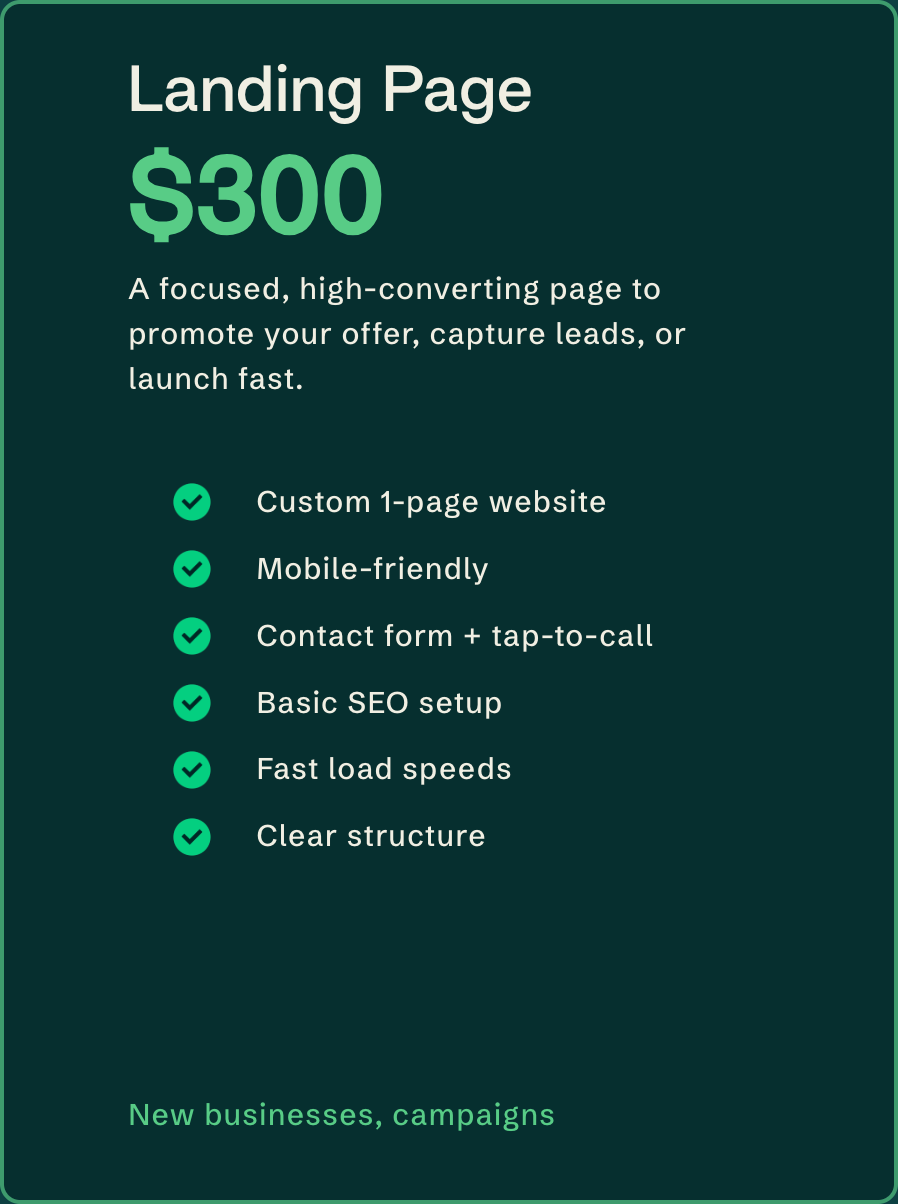 Green promotional flyer advertising a $300 landing page service with features such as a custom 1-page website, mobile-friendly design, contact form with tap-to-call, basic SEO setup, fast load speeds, and clear structure, targeted towards new businesses and campaigns.