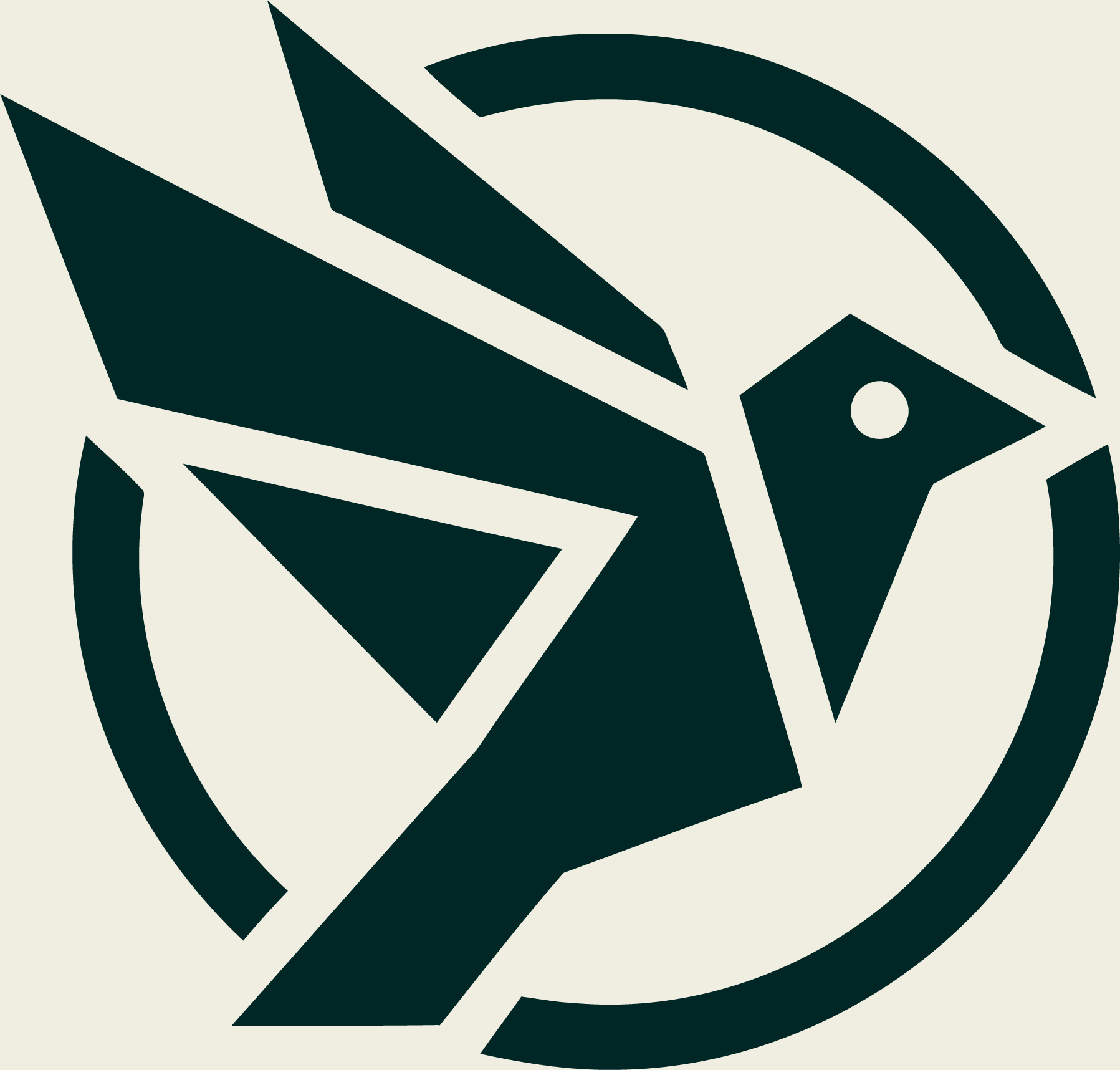 A black and white stylized illustration of a bird, wrapped inside a geometric shape with bold lines.