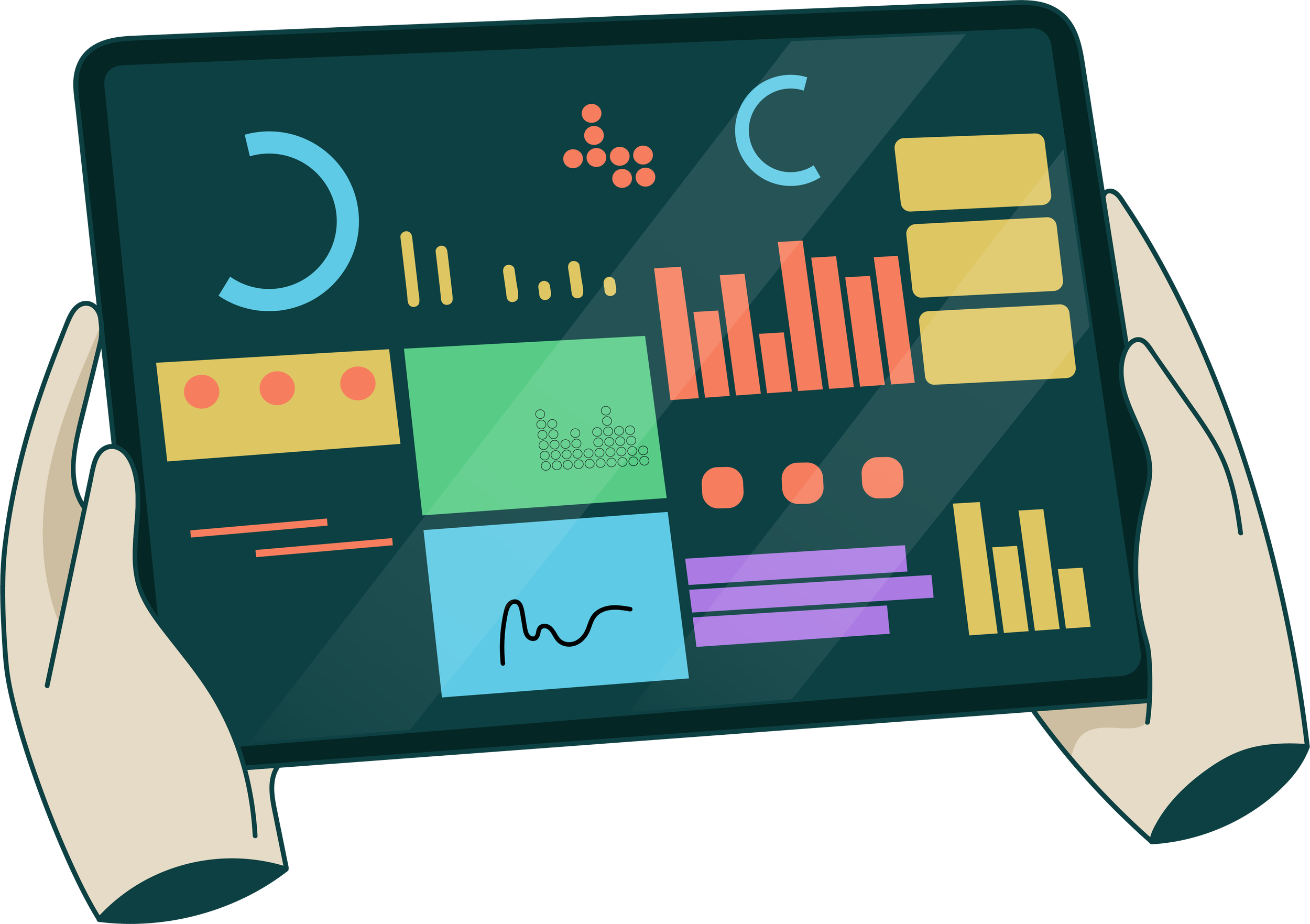 Digital tablet with various colorful graphs, charts, and icons displayed on the screen, held by two person hands.