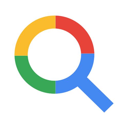 Colorful magnifying glass icon with red, yellow, green, and blue sections.