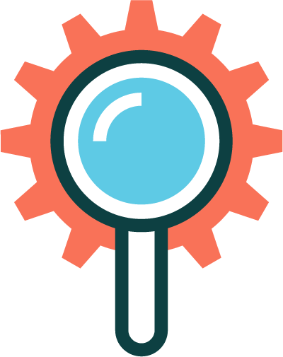 Magnifying glass over a gear, symbolizing search or analysis.