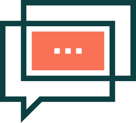 Speech bubble icon with a pink rectangle and three white dots inside.