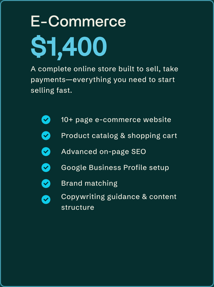 Information about a $1,400 e-commerce online store package, featuring a 10+ page website, product catalog, SEO, Google Business setup, brand matching, and content guidance.