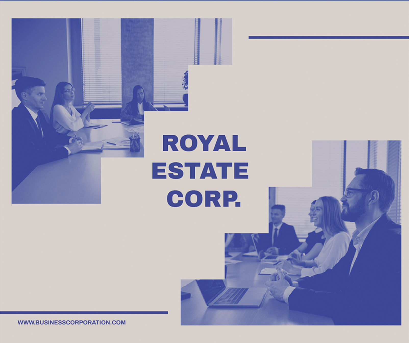 A business presentation slide for Royal Estate Corp. featuring photos of people in a meeting, with the company website www.businesscorpation.com at the bottom.