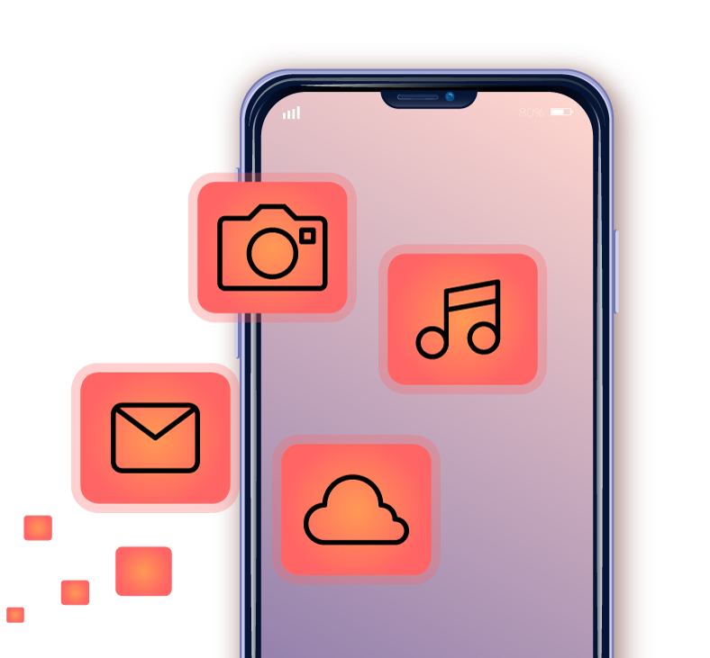 Smartphone screen displaying app icons for camera, music, cloud storage, and email.