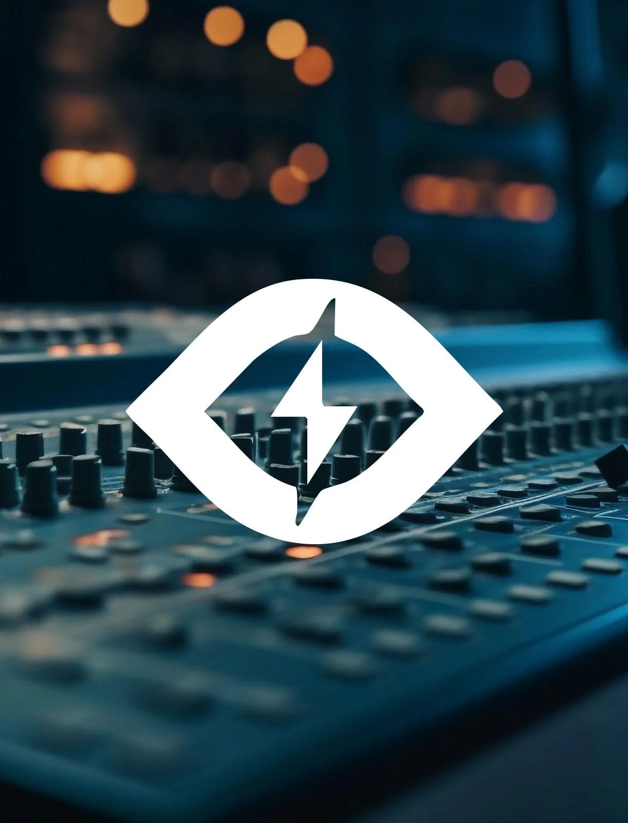 Close-up of a DJ mixing console with a digital logo overlayed, featuring a lightning bolt inside a diamond shape, with background bokeh lights.