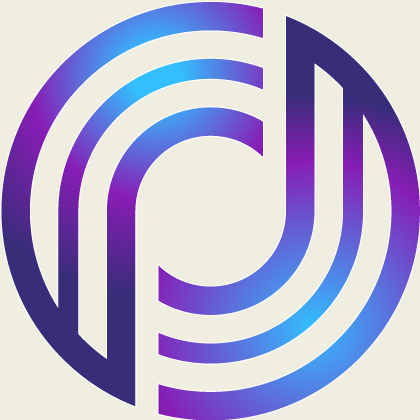 Abstract logo with interconnected purple and blue lines forming a circular maze pattern.