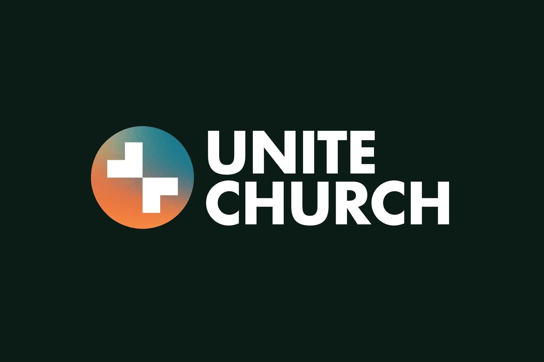 Unite Church logo with a circular icon featuring a plus sign and a gradient background, next to the text "Unite Church" in bold white letters on a dark background.