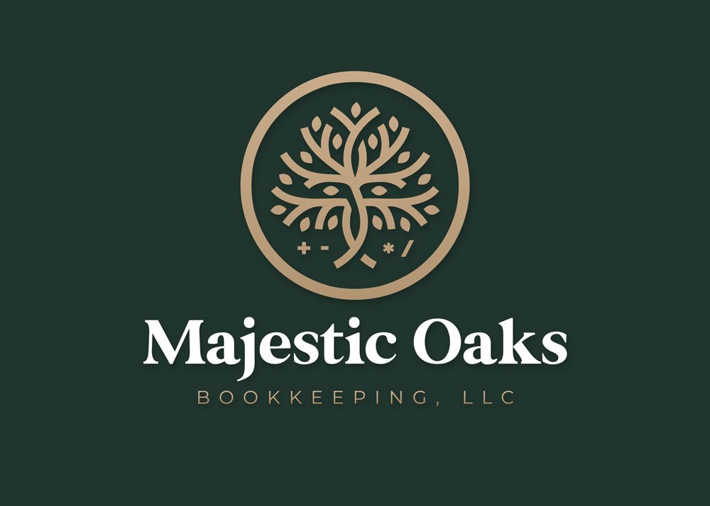 Elegant logo for Majestic Oaks Bookkeeping, LLC featuring a stylized oak tree within a circle on a dark green background.