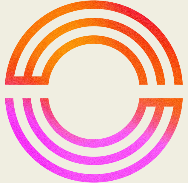 Colorful rainbow pattern with orange and pink arcs set against a beige background.