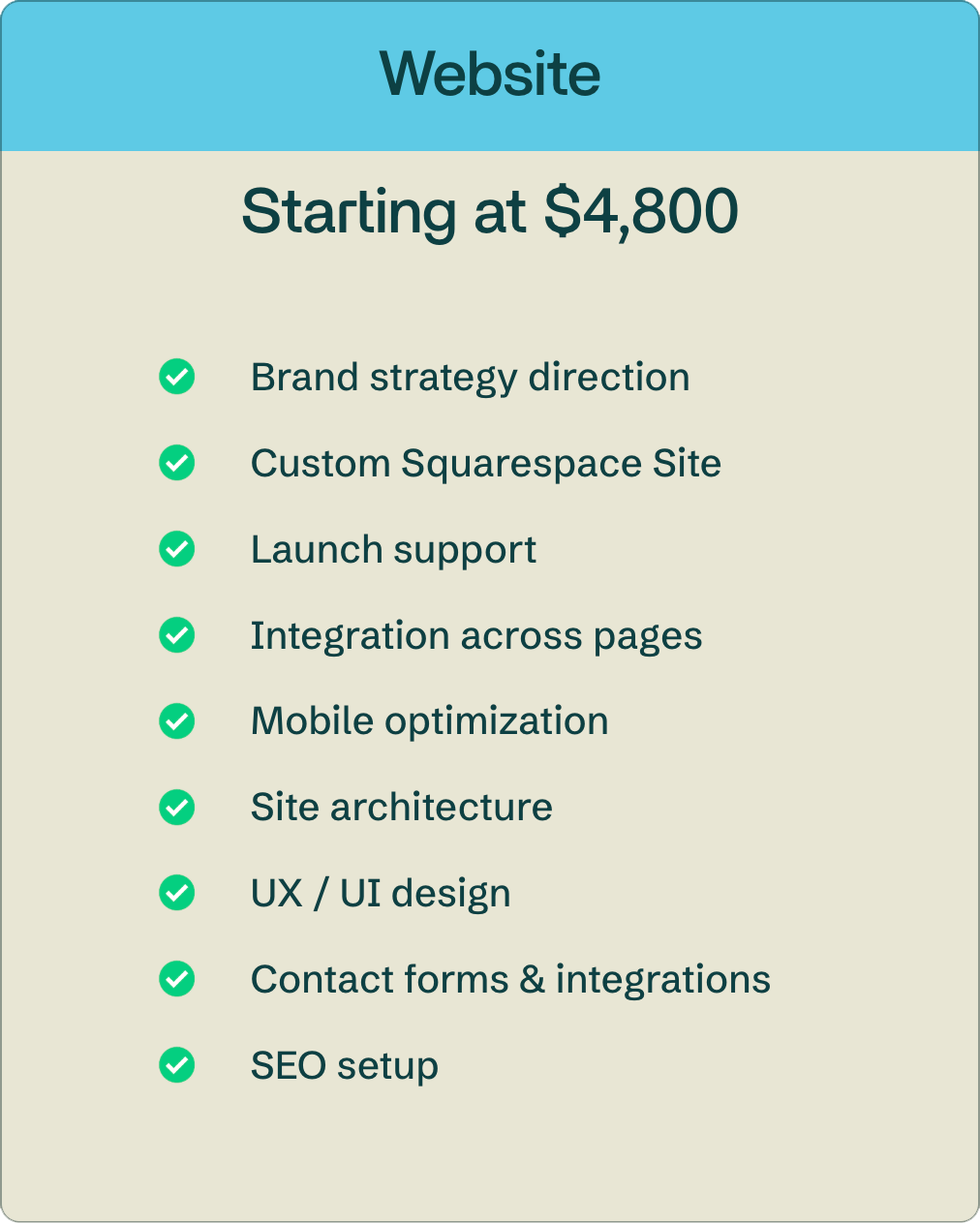 A webpage listing services for website development starting at $4,800, including brand strategy, custom Squarespace site, launch support, integration, mobile optimization, site architecture, UX/UI design, contact forms, and SEO setup.