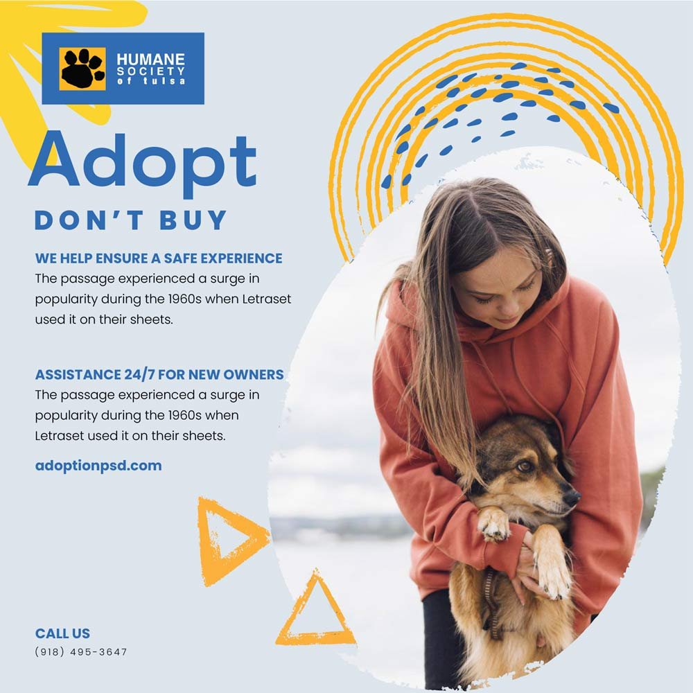 Promotional flyer for the Humane Society of Tulsa encouraging pet adoption with a photo of a woman holding a dog, colorful graphics, and text emphasizing adoption over buying pets.