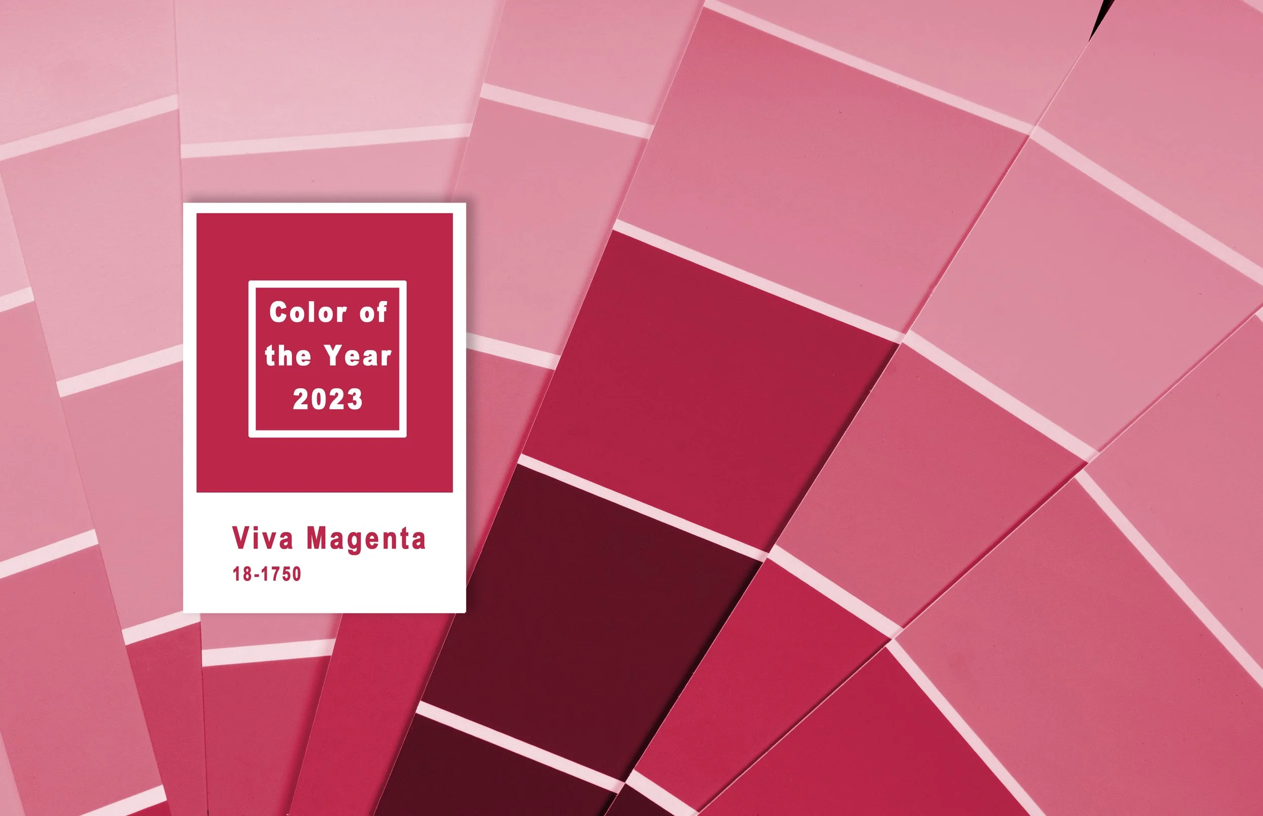 Color palette with various shades of magenta, highlighted in the center with text stating "Color of the Year 2023 Viva Magenta 18-1750".