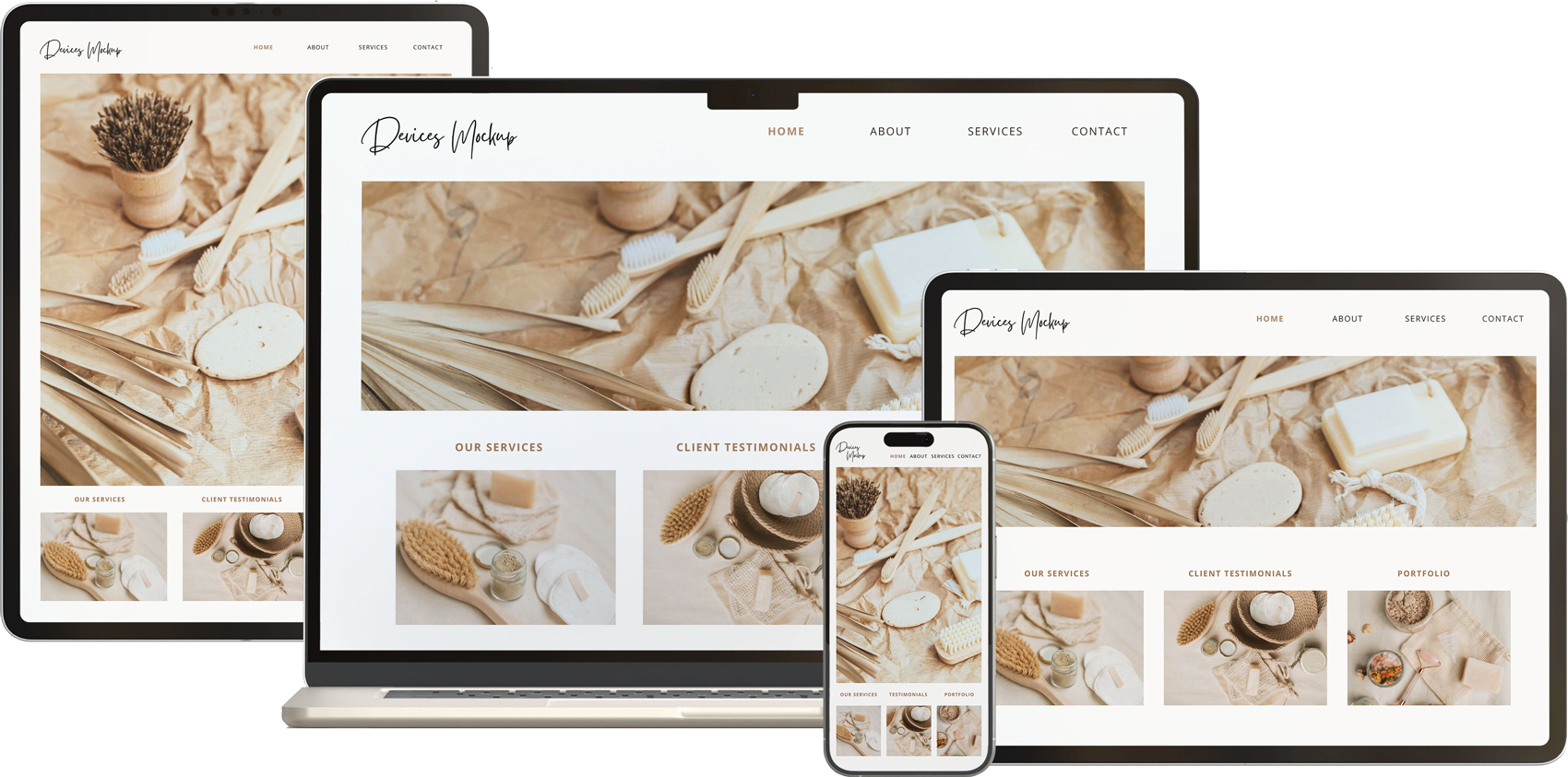 Multiple electronic devices displaying a website featuring natural skincare and spa products, with a neutral beige and white color scheme and images of soap, brushes, and spa items.