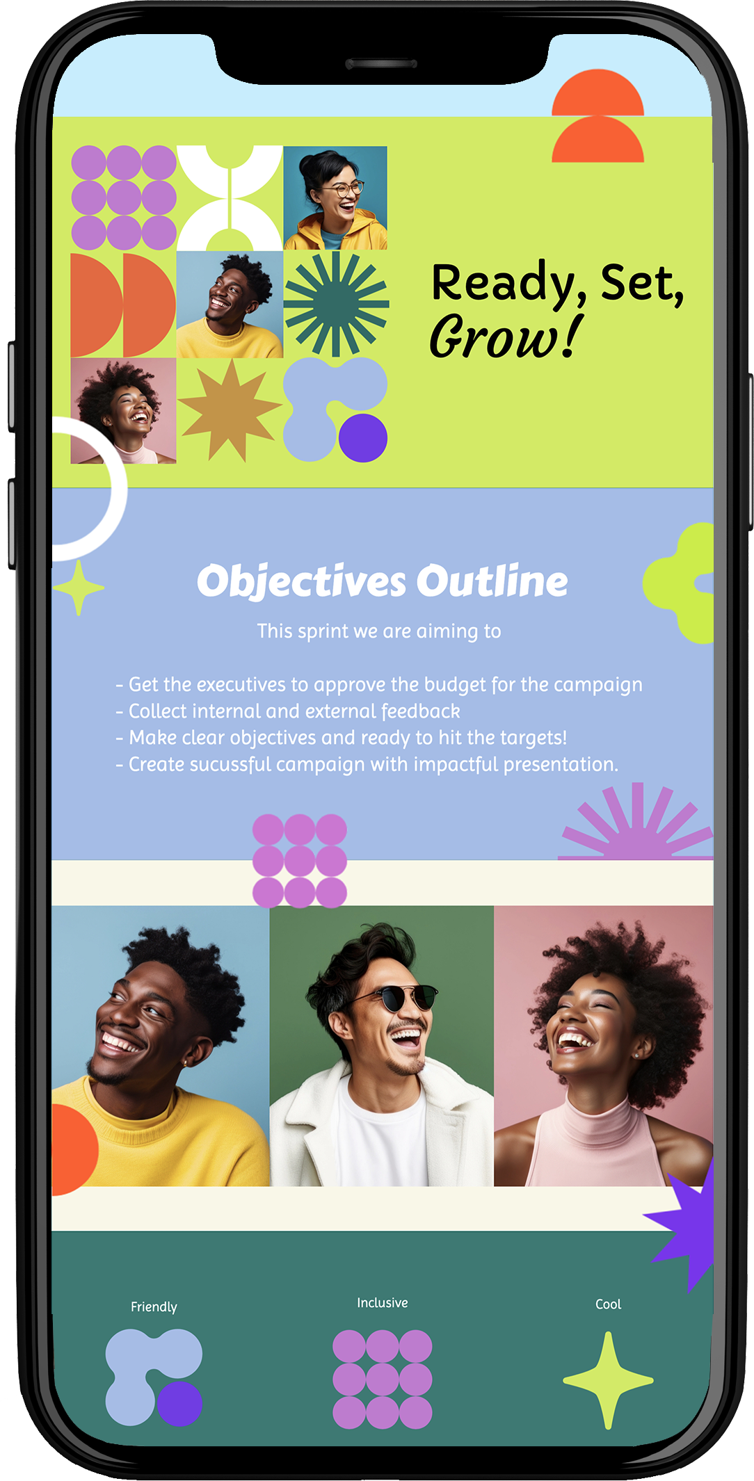 A brightly colored phone screen displaying a presentation titled "Ready, Set, Grow!" with photos of smiling diverse young people, abstract shapes, and objectives outline for a campaign, with decorative icons and a cheerful design.