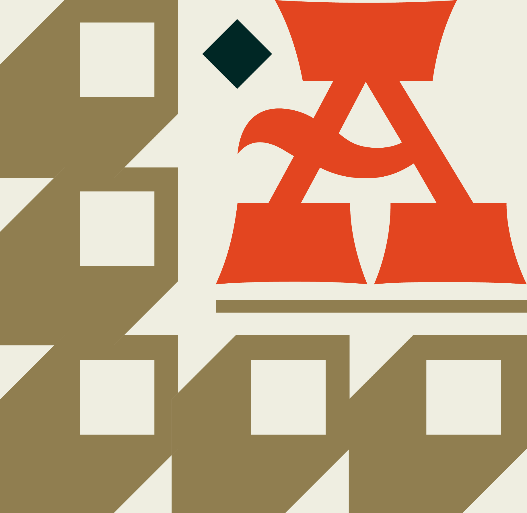 Abstract geometric artwork with beige background, featuring large red symbols and various squares and rectangles in beige and dark teal.