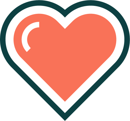 A large red and pink heart with a dark outline and a white reflection highlight on the upper left side.