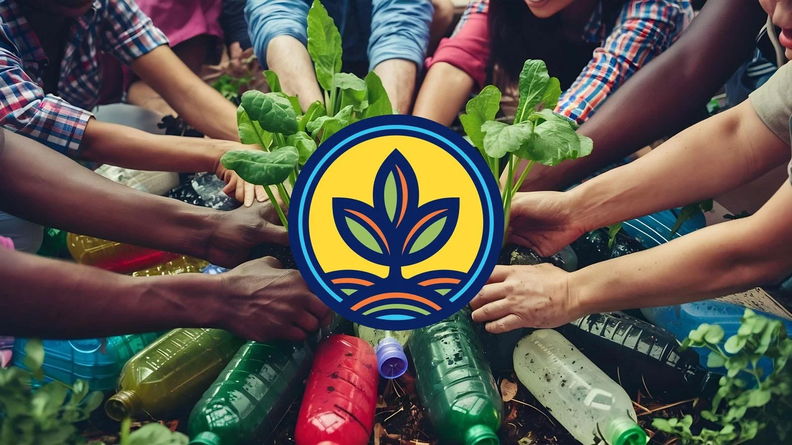 A diverse group of people planting and caring for young green plants together, with colorful plastic bottles used as planters arranged around them.