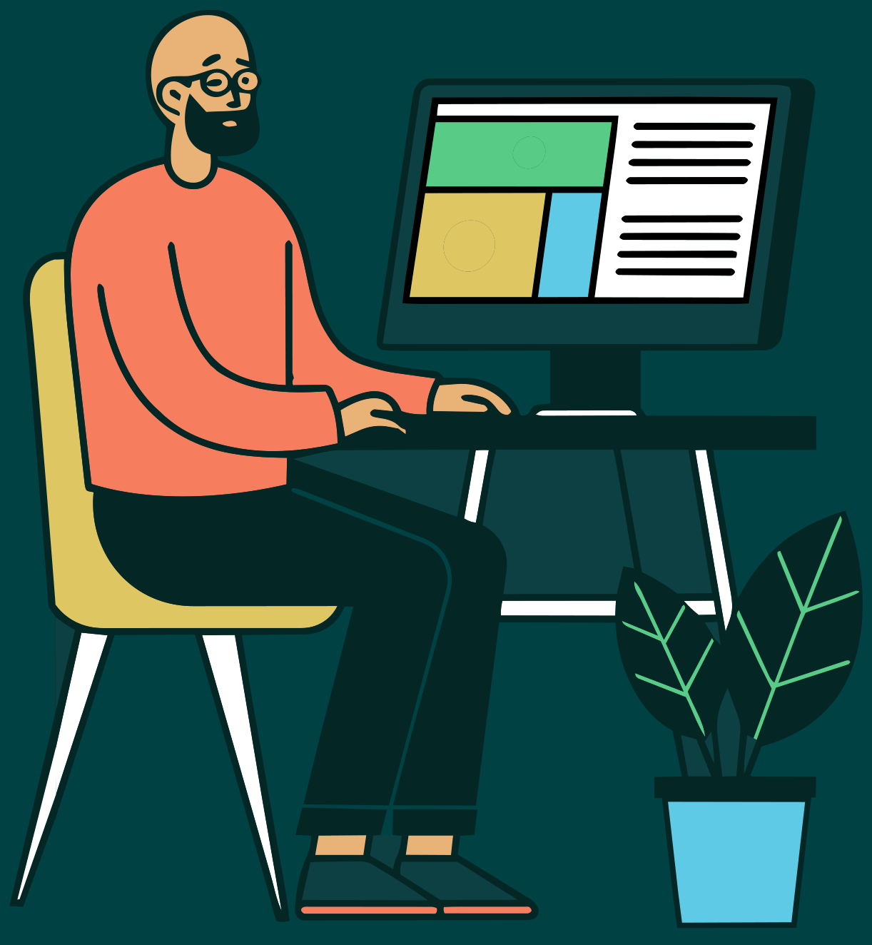 Illustration of a man with glasses and a beard sitting at a desk, working on a computer with a large screen displaying colorful charts and text, next to a potted plant.