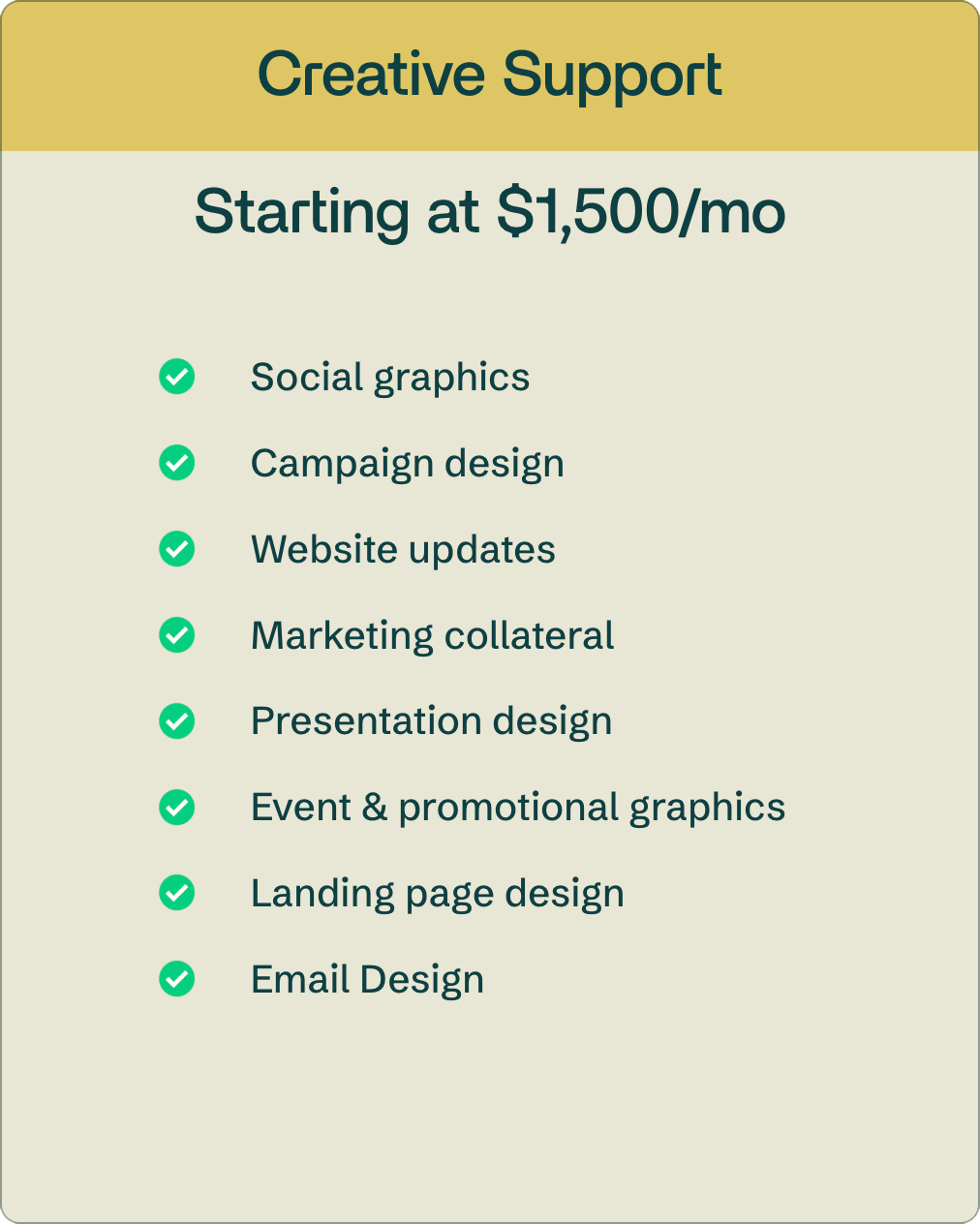 A promotional flyer for creative support services starting at $1,500 per month, listing services such as social graphics, campaign design, website updates, marketing collateral, presentation design, event and promotional graphics, landing page design, and email design, with green checkmarks next to each service.