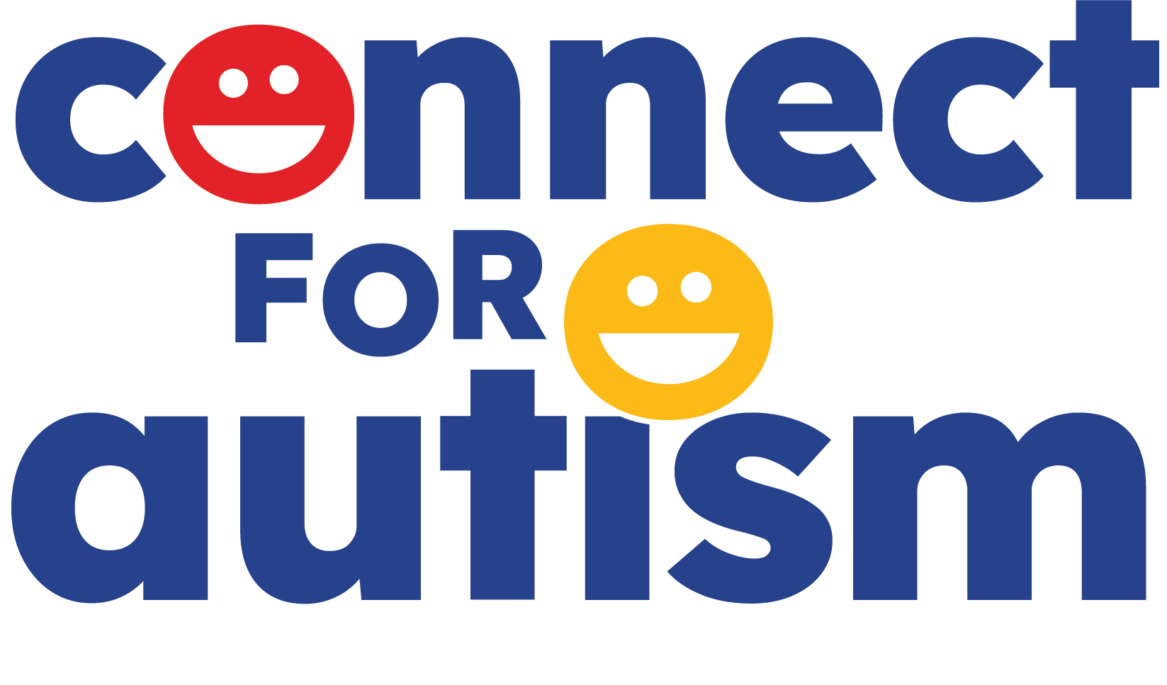Text reading 'Connect for Autism' with two smiling face icons, one red and one yellow, replacing the O's in 'connect' and 'for'.