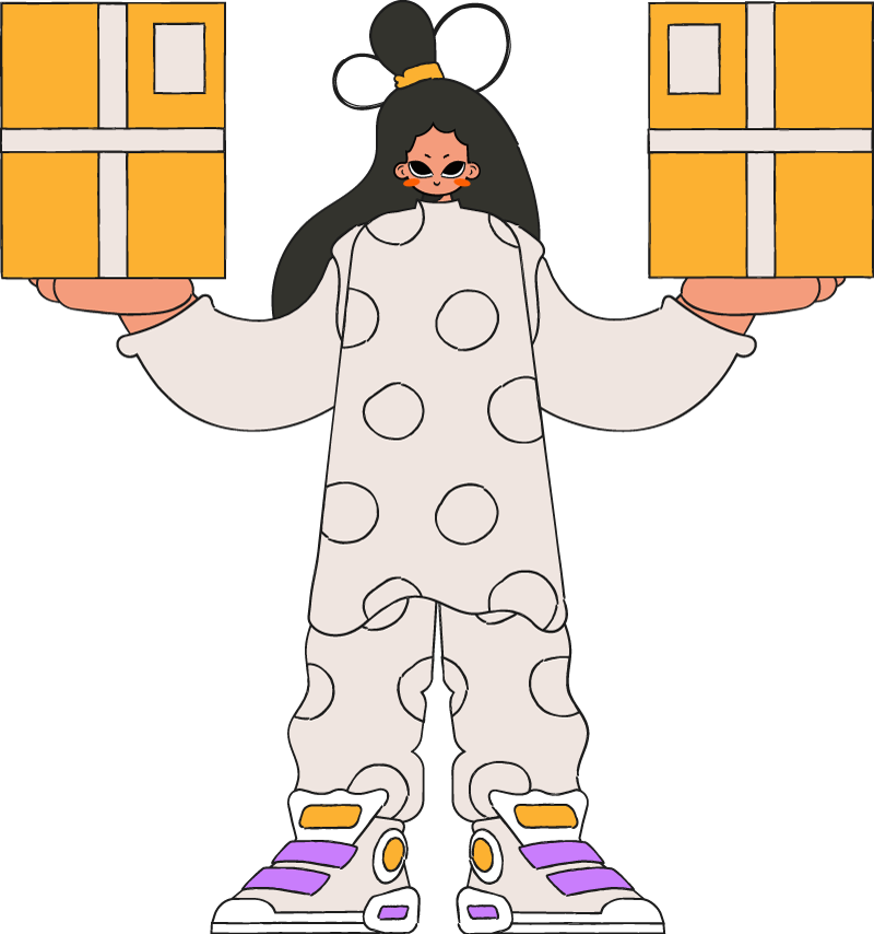 A cartoon girl with long dark hair in a bun, holding two yellow gift boxes, dressed in a polka-dotted outfit and sneakers.
