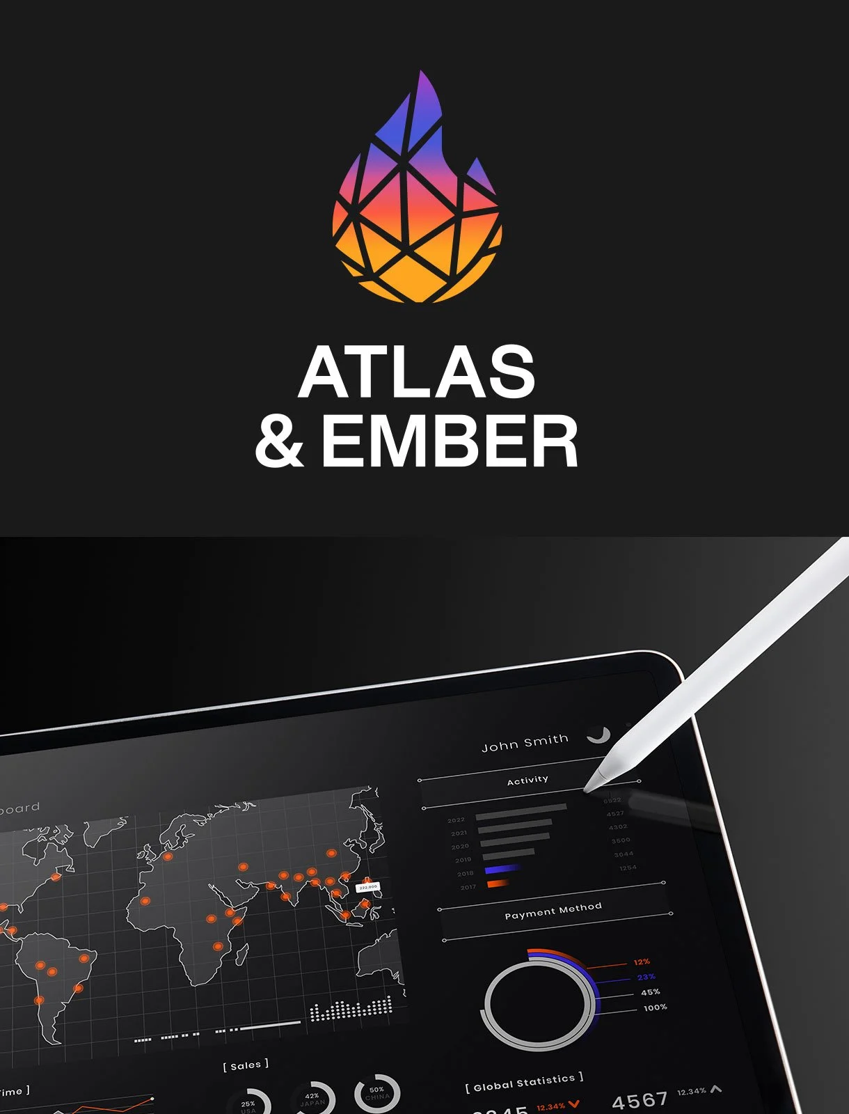 A digital tablet displaying a global map with data points, charts, and statistics, with a white stylus interacting with the screen, above a black background with the logo 'ATLAS & EMBER' and a colorful flame icon.