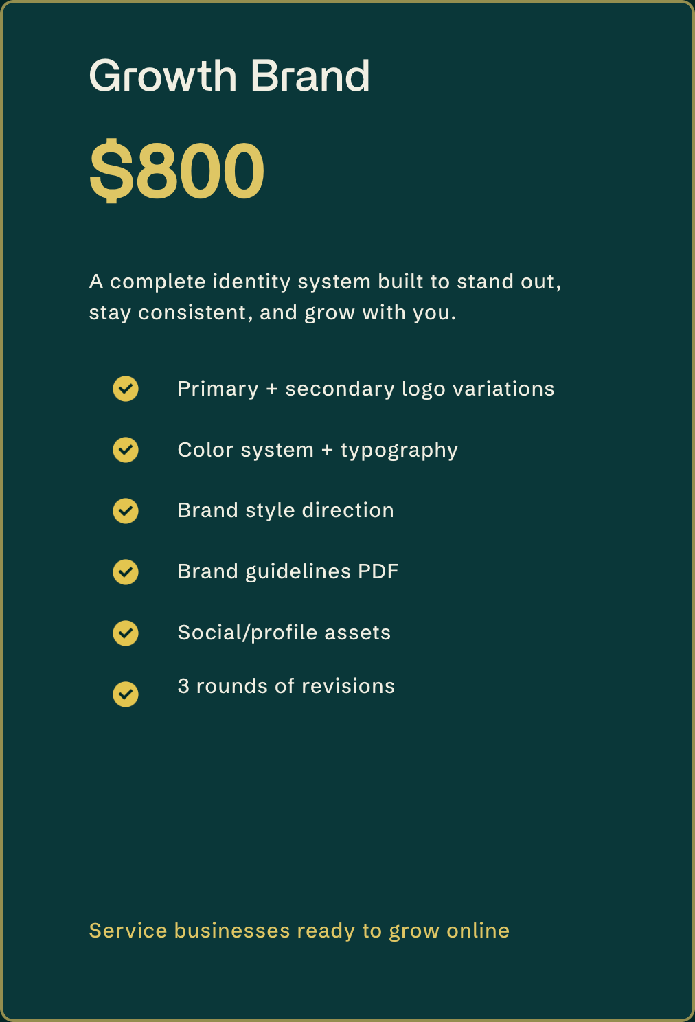 A promotional graphic for a branding service titled 'Growth Brand' priced at $800. The graphic details features such as logo variations, color system and typography, brand style direction, brand guidelines PDF, social/profile assets, and three rounds of revisions. The text indicates it is for service businesses ready to grow online.