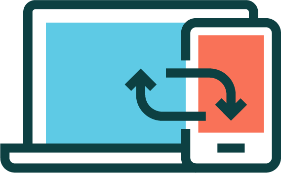 Digital illustration of a laptop and a smartphone with arrows indicating data transfer between them.
