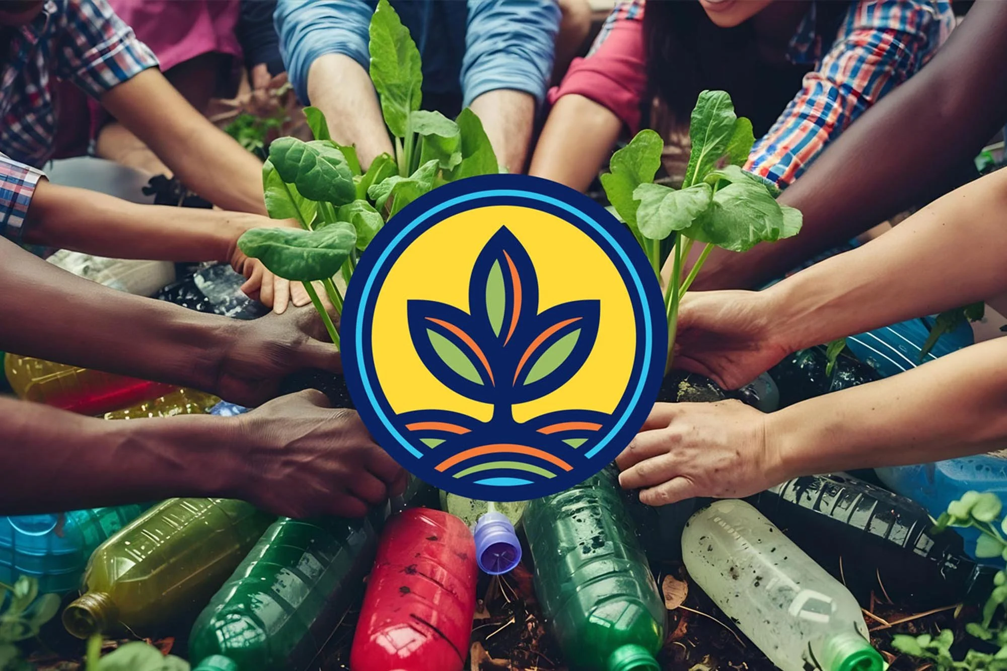 Multiple people planting green seedlings in soil surrounded by plastic bottles, with a colorful logo featuring a plant in a circle overlayed in the center.