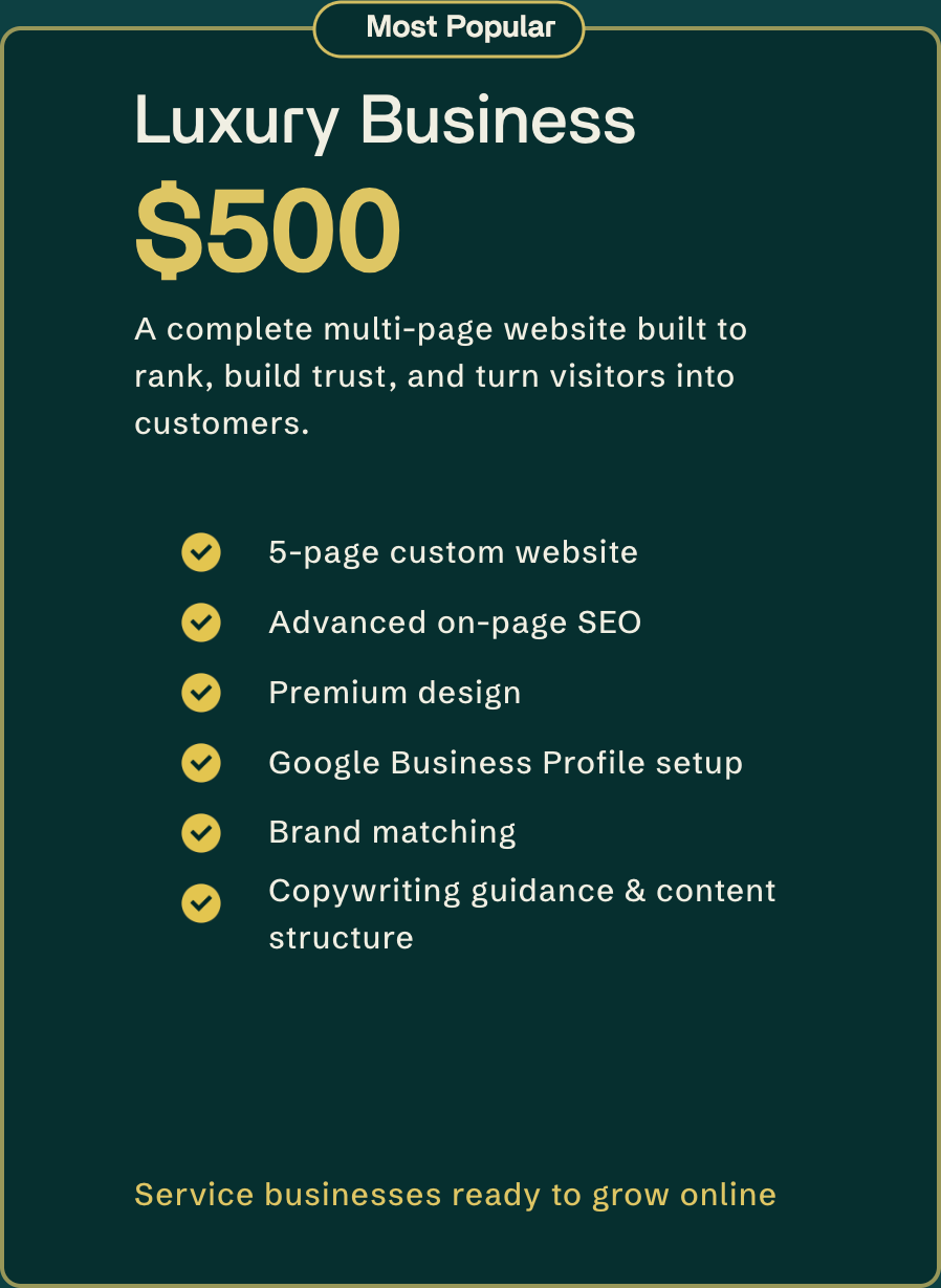 Advertisement for a luxury business website package priced at $500, including a 5-page custom website, SEO, premium design, Google Business Profile setup, brand matching, and content guidance. The ad emphasizes online growth for service businesses.