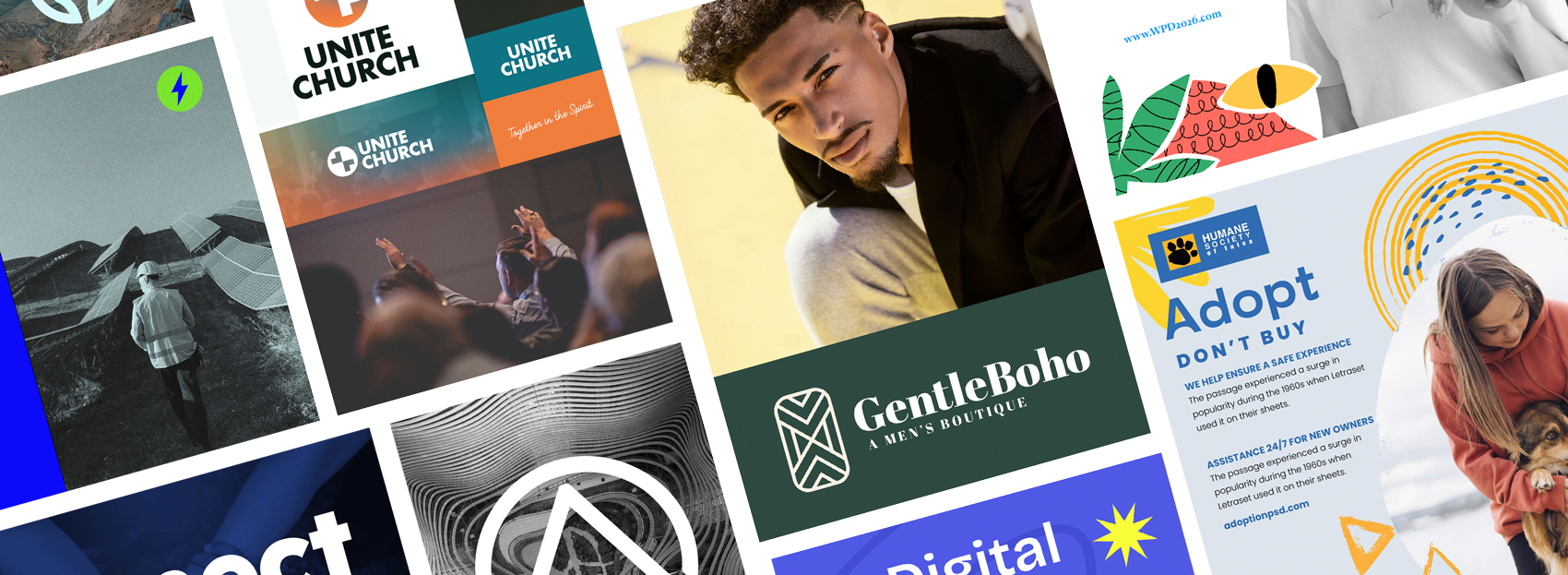 Collage of various promotional and informational flyers and posters, including a church event, a men's boutique, and an animal adoption advertisement.