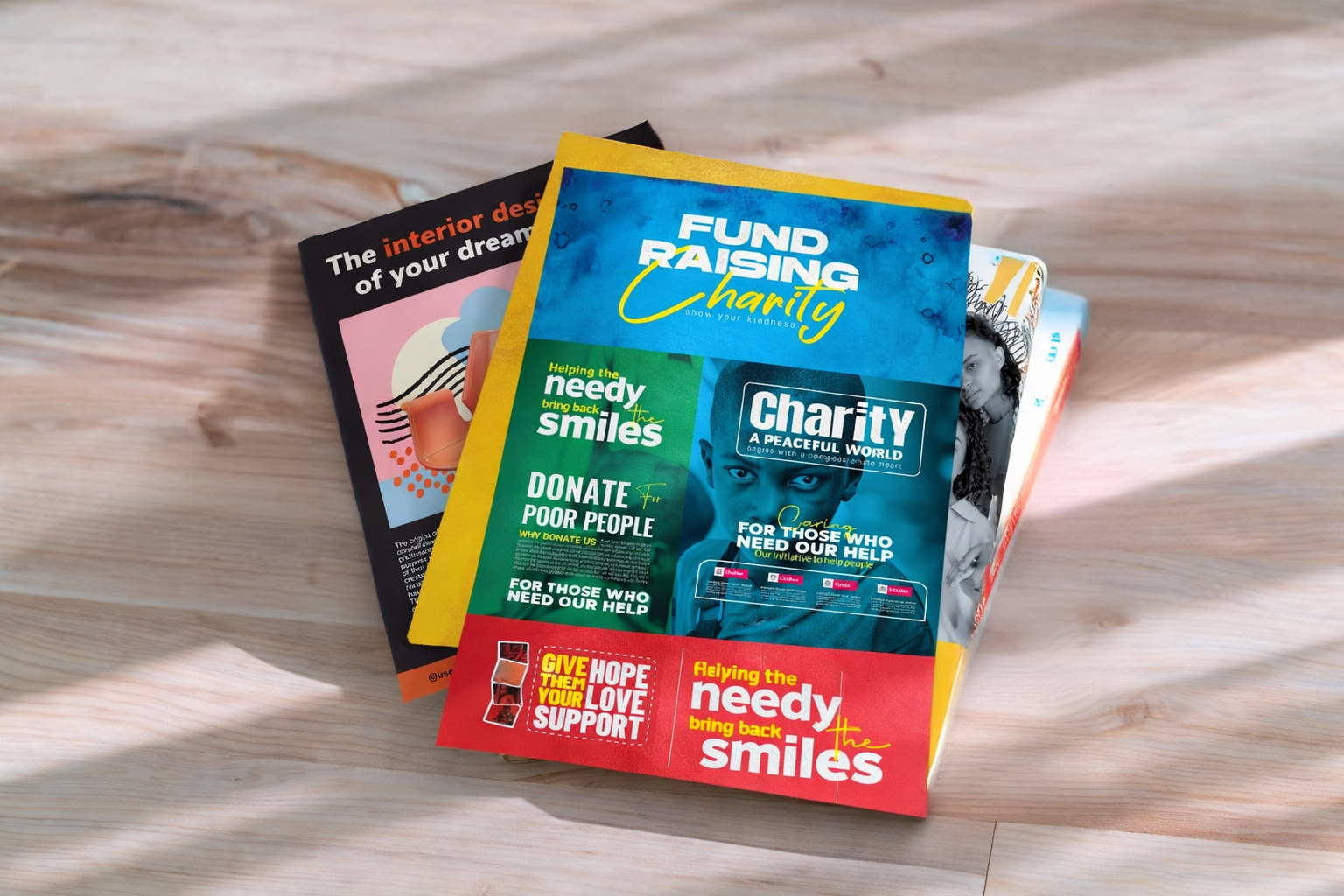 Brochures about charity and fundraising, with colorful covers and text promoting donations and helping the needy, placed on a wooden surface.