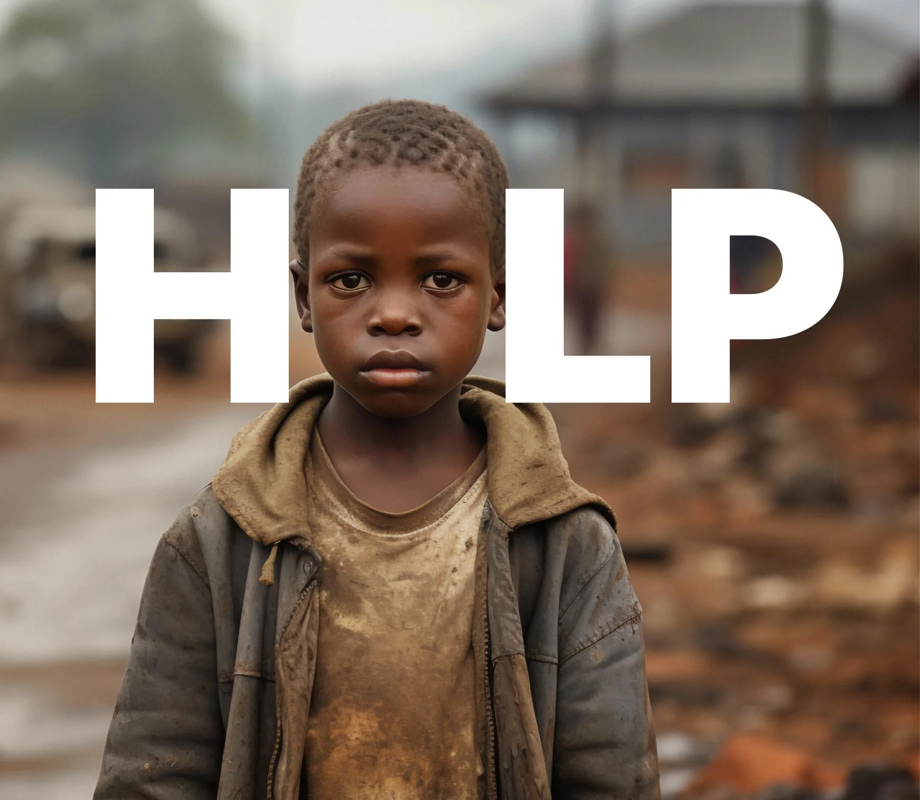 A young boy with a serious expression, wearing a dirty jacket and shirt, standing on a muddy road with blurred background. The word 'HELP' is written across the image.