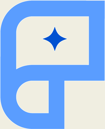 Abstract logo with a blue background and a white and blue geometric design.