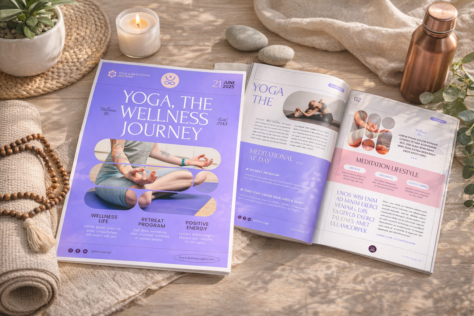 An open magazine titled 'Yoga, the Wellness Journey' on a wooden table, with a candle, potted plant, rolled towel, wooden beads, and a copper water bottle around it.