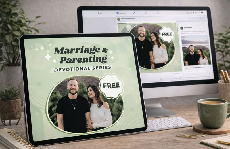 Tablet screen displaying a promotional graphic for a free marriage and parenting devotional series, with a photo of a smiling couple.