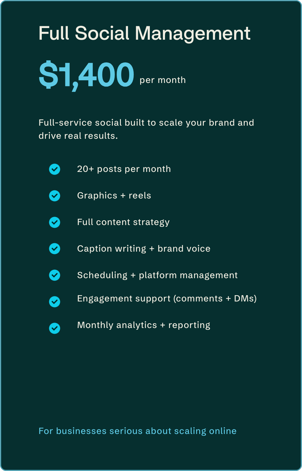 A promotional graphic for a social media management service offering full-service social management at $1,400 per month. The services include content posting, graphics, reels, content strategy, caption writing, scheduling, engagement support, and analytics. The slogan at the bottom encourages businesses to scale online.