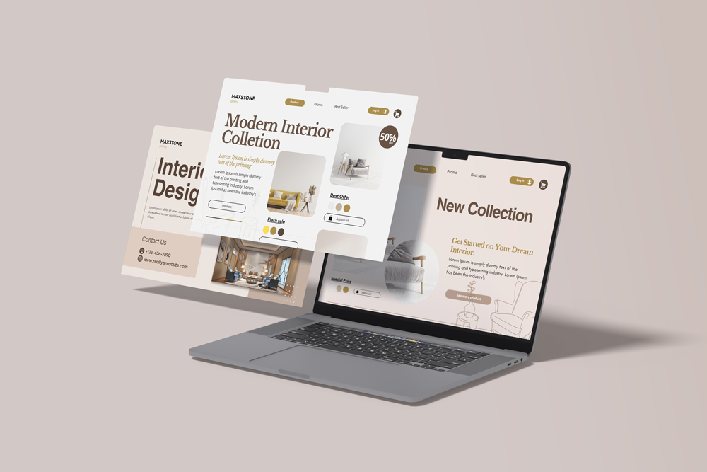 Open laptop displaying furniture e-commerce website with ads for interior collections and new furniture arrivals.