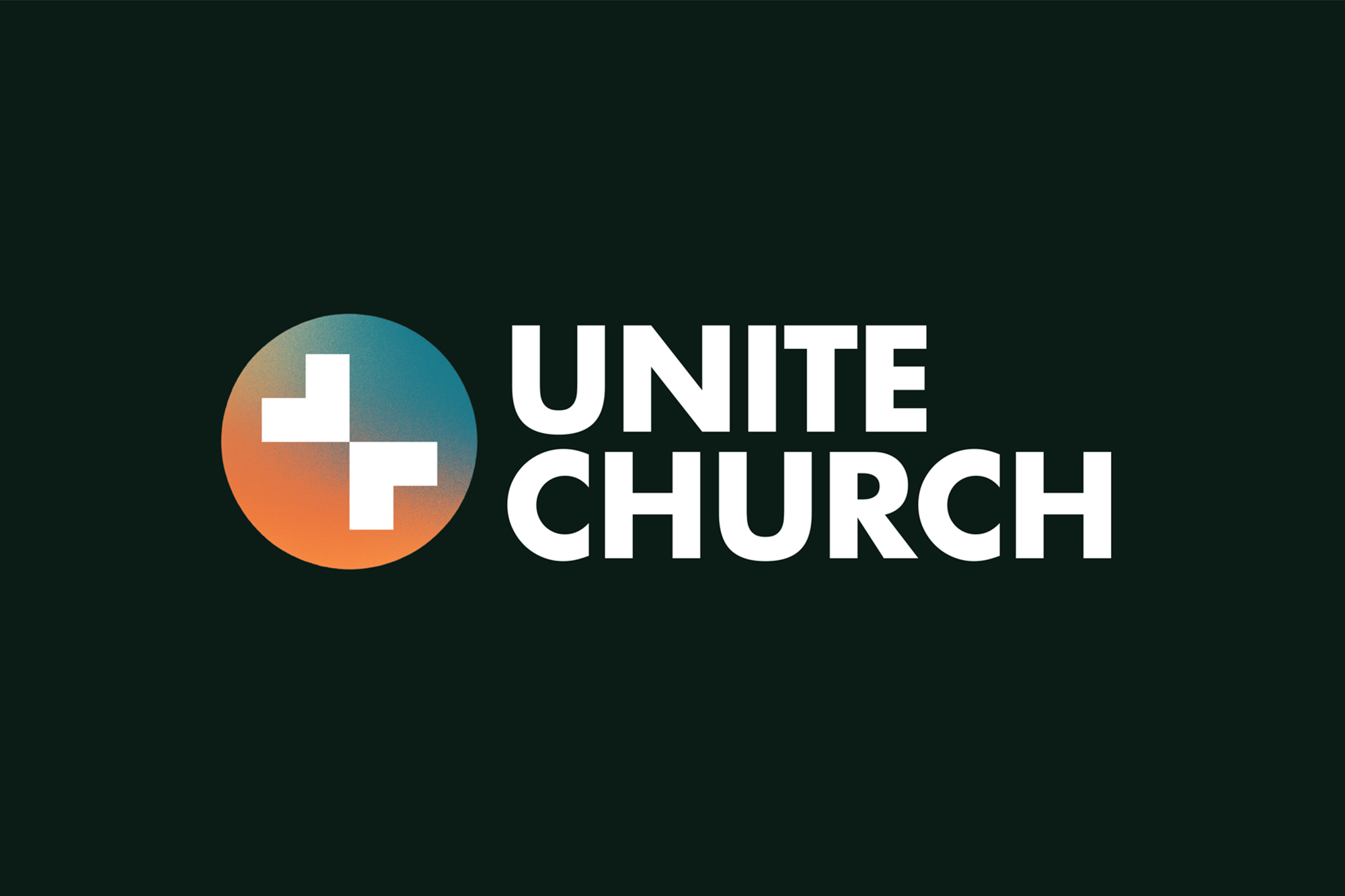 Logo of Unite Church featuring a circular symbol with a white cross divided into four sections, and the text 'UNITE CHURCH' in bold white letters on a dark background.