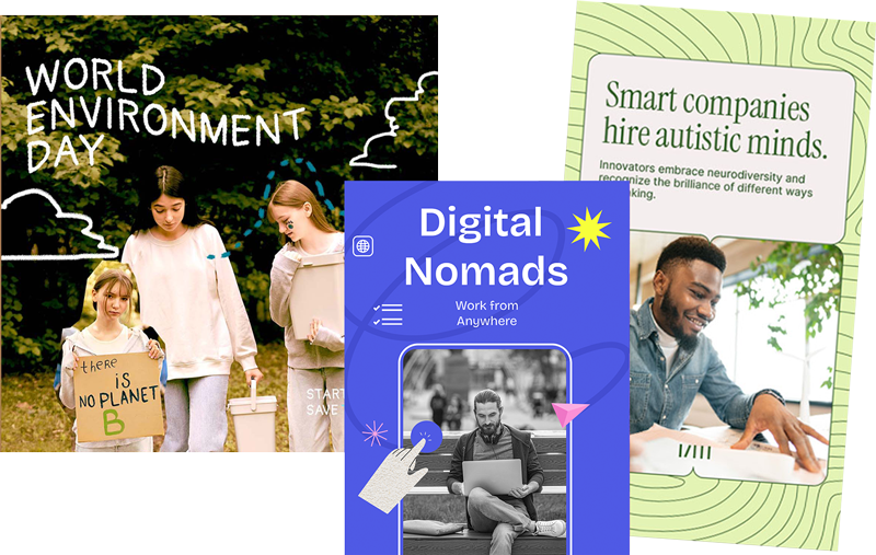 Group of three young people participating in an environmental awareness event, holding a sign that reads 'there is no planet B', with text 'World Environment Day' above them. Overlapping images include a booklet titled 'Smart companies hire autistic minds' and a brochure labeled 'Digital Nomads: Work from Anywhere', featuring a person working on a laptop.