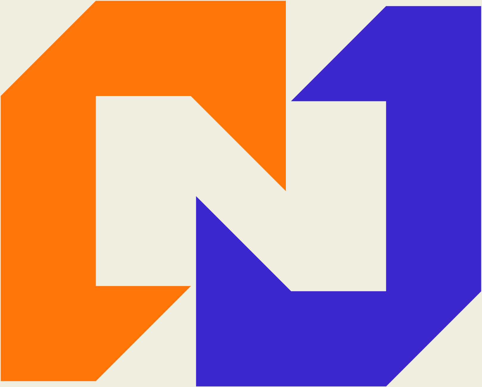 Abstract geometric artwork with large orange and blue arrow shapes on a light beige background.