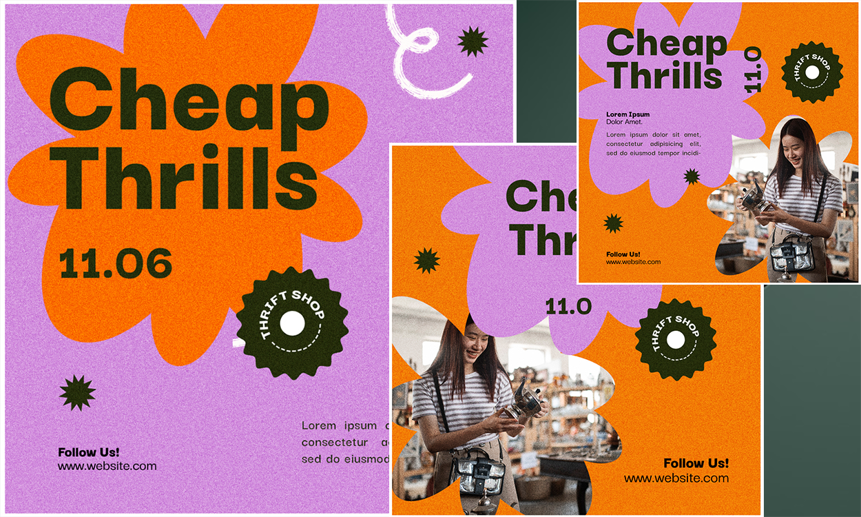 A promotional flyer for a thrift shop event called "Cheap Thrills" scheduled for November 6th. The flyer features bold text, vibrant purple and orange color schemes, and images of a woman shopping in a thrift store. The flyer includes event details, a website link, and encourages following on social media.