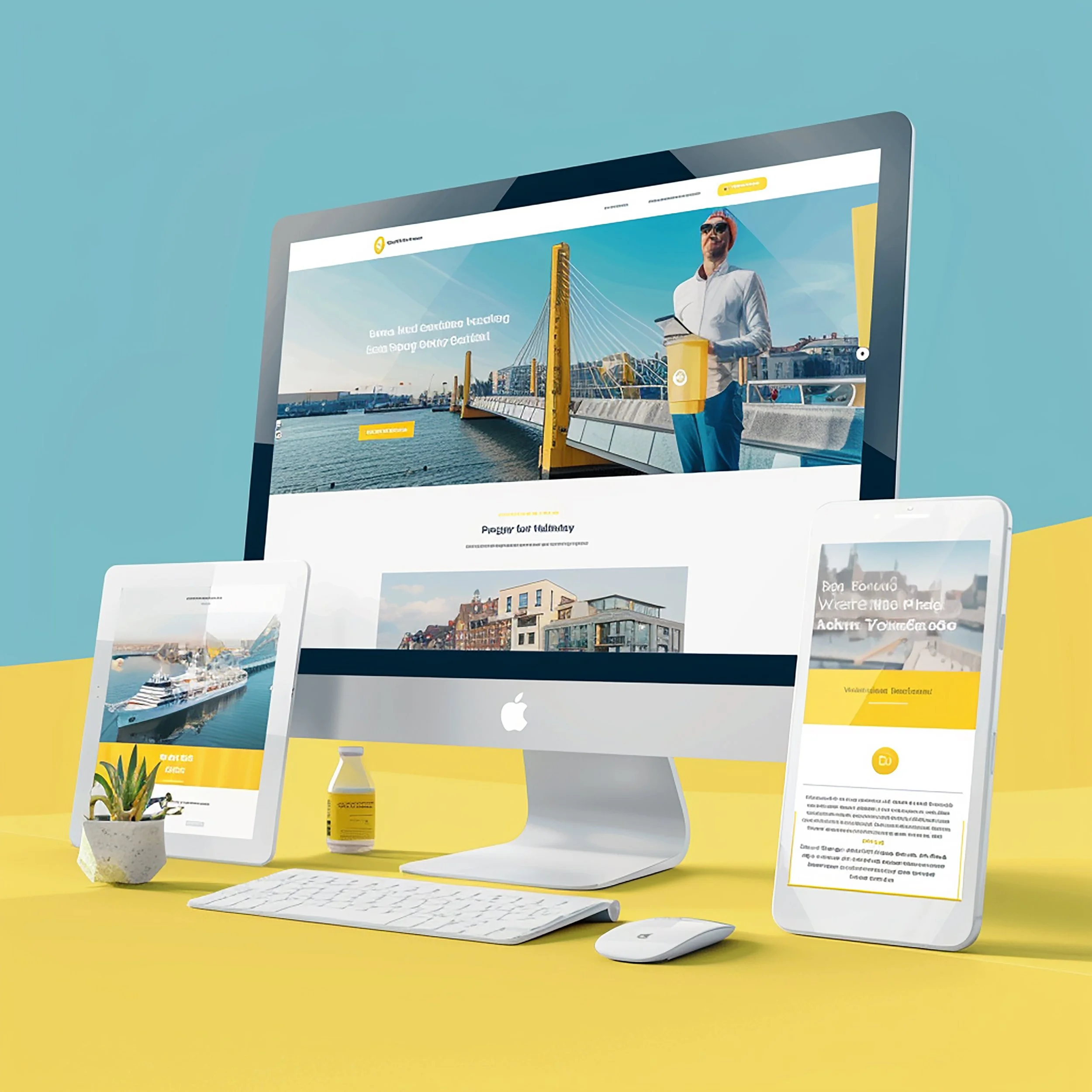 A computer monitor and two tablets displaying a website about the waterfront with yellow accents, a plant, a bottle, and a keyboard and mouse on a yellow surface with a blue background.