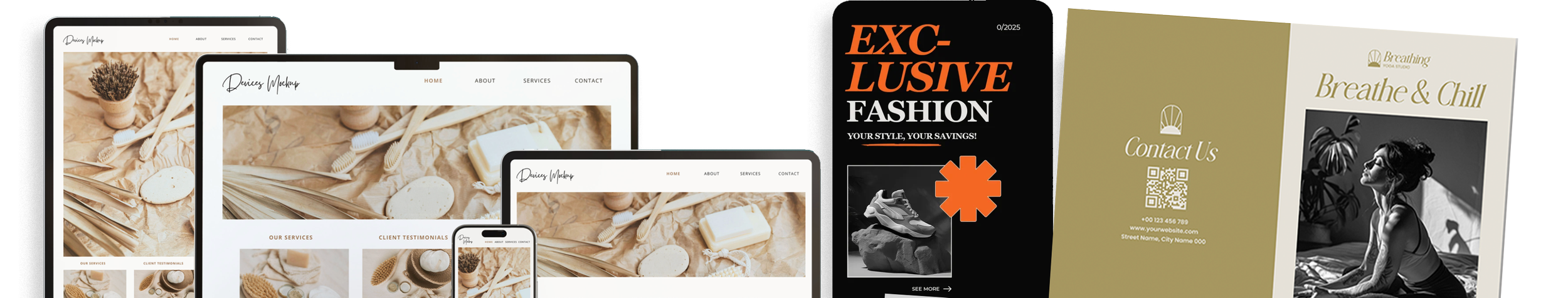 A collection of digital screens and printed flyers showcasing different designs for websites, posters, and brochures. The designs include images of natural and fashion themes with text and QR codes.