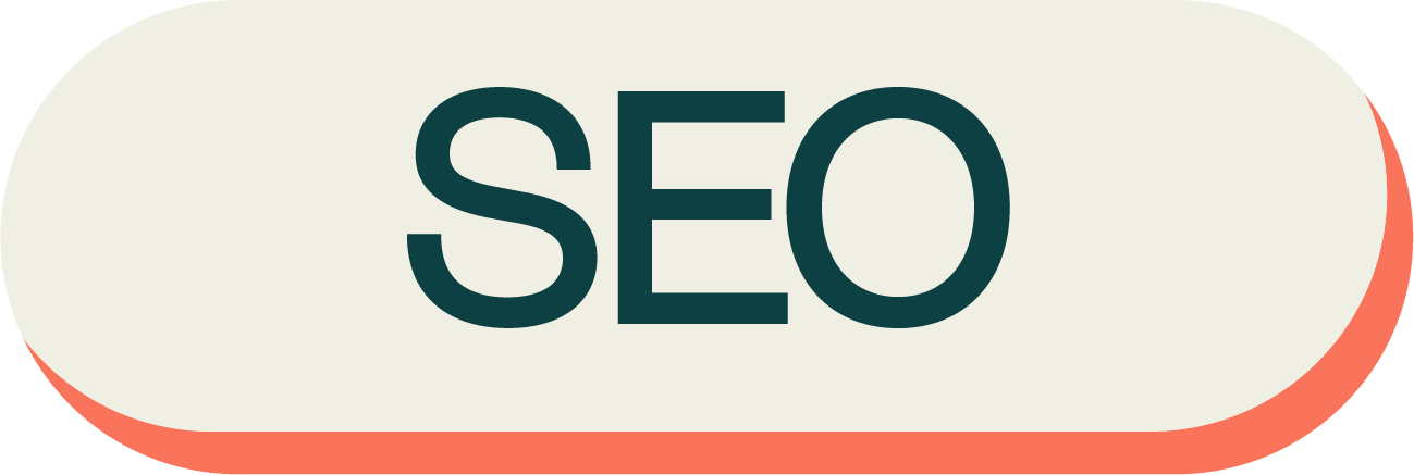 A button with the text 'SEO' on it, with a light beige top and red-orange bottom background.