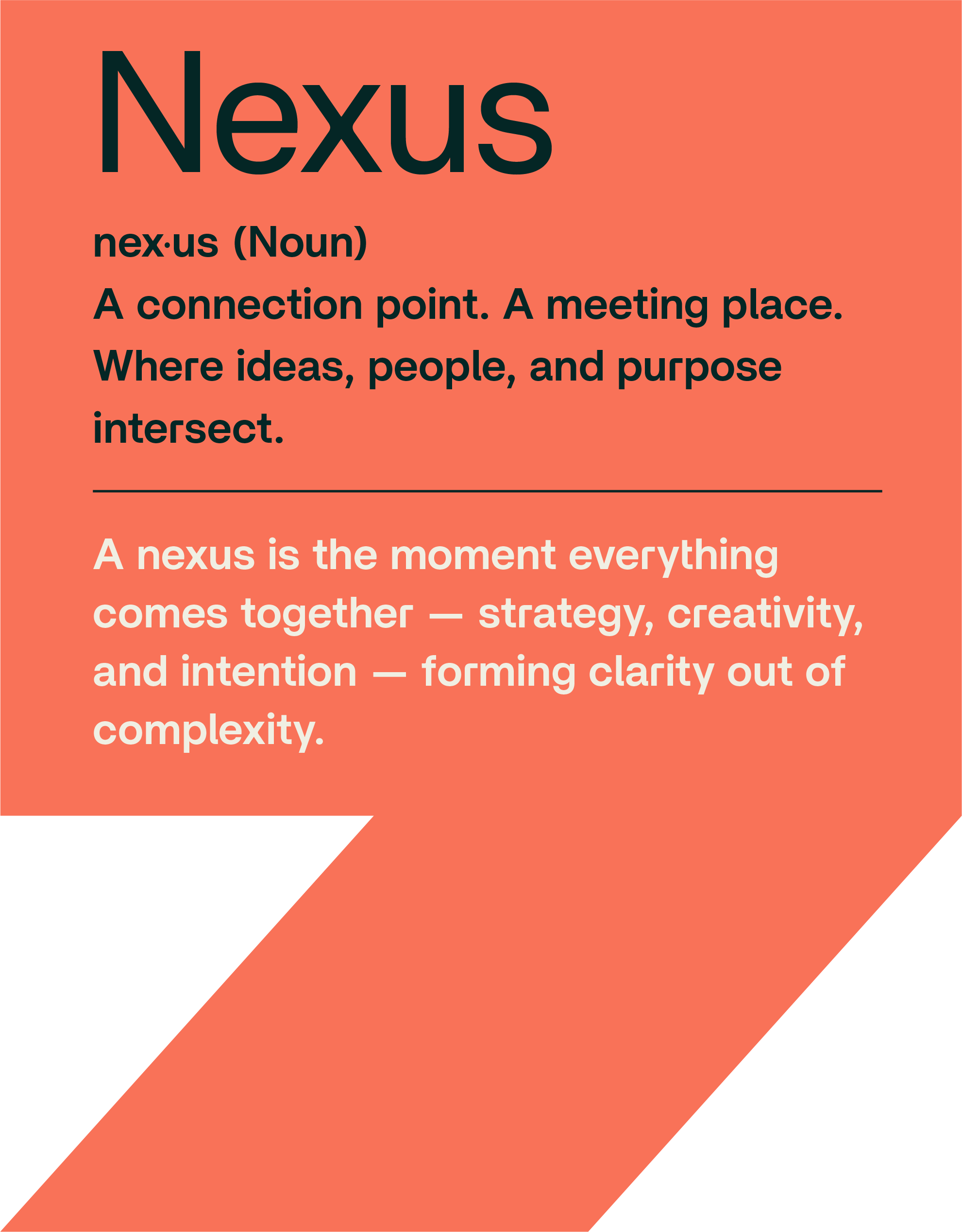 Graphic design with the word 'Nexus' and its definition, presenting a description of a connection point or meeting place, with a quote emphasizing the importance of clarity in complex ideas.